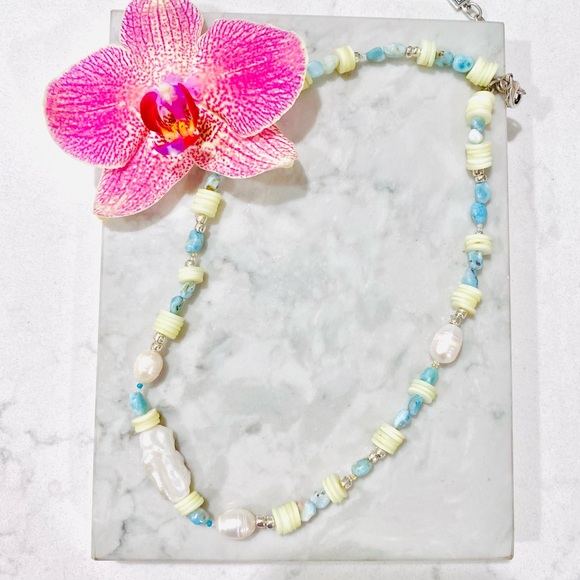 DANNIJO Riviera Freshwater Pearl, Heishi, & Larimar Beaded Necklace NWT - Picture 8 of 14